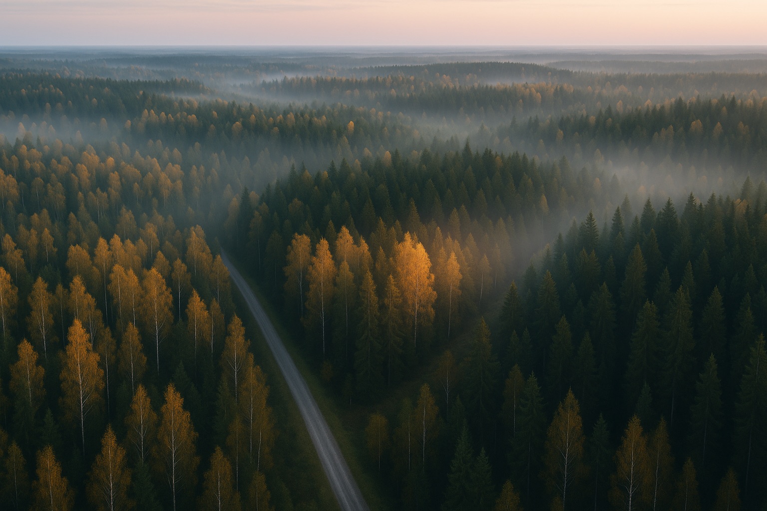 Latvijas mežs no putna lidojuma rīta miglā